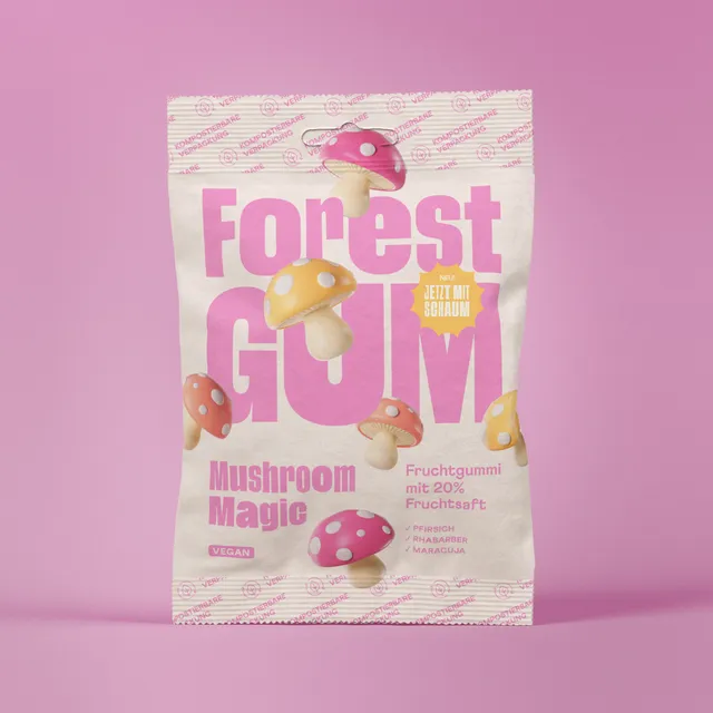 forestgum-fruchtgummi-vegan-mushroom-magic-6x-pfirsich-maracuja-rhabarber image 1